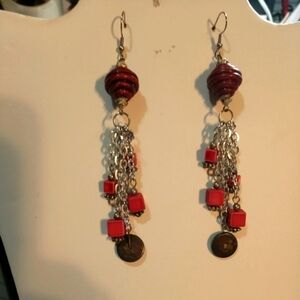Handcrafted Honeycomb Dark Red w/Pink Square Beads on Chain Dangle Drop Earrings